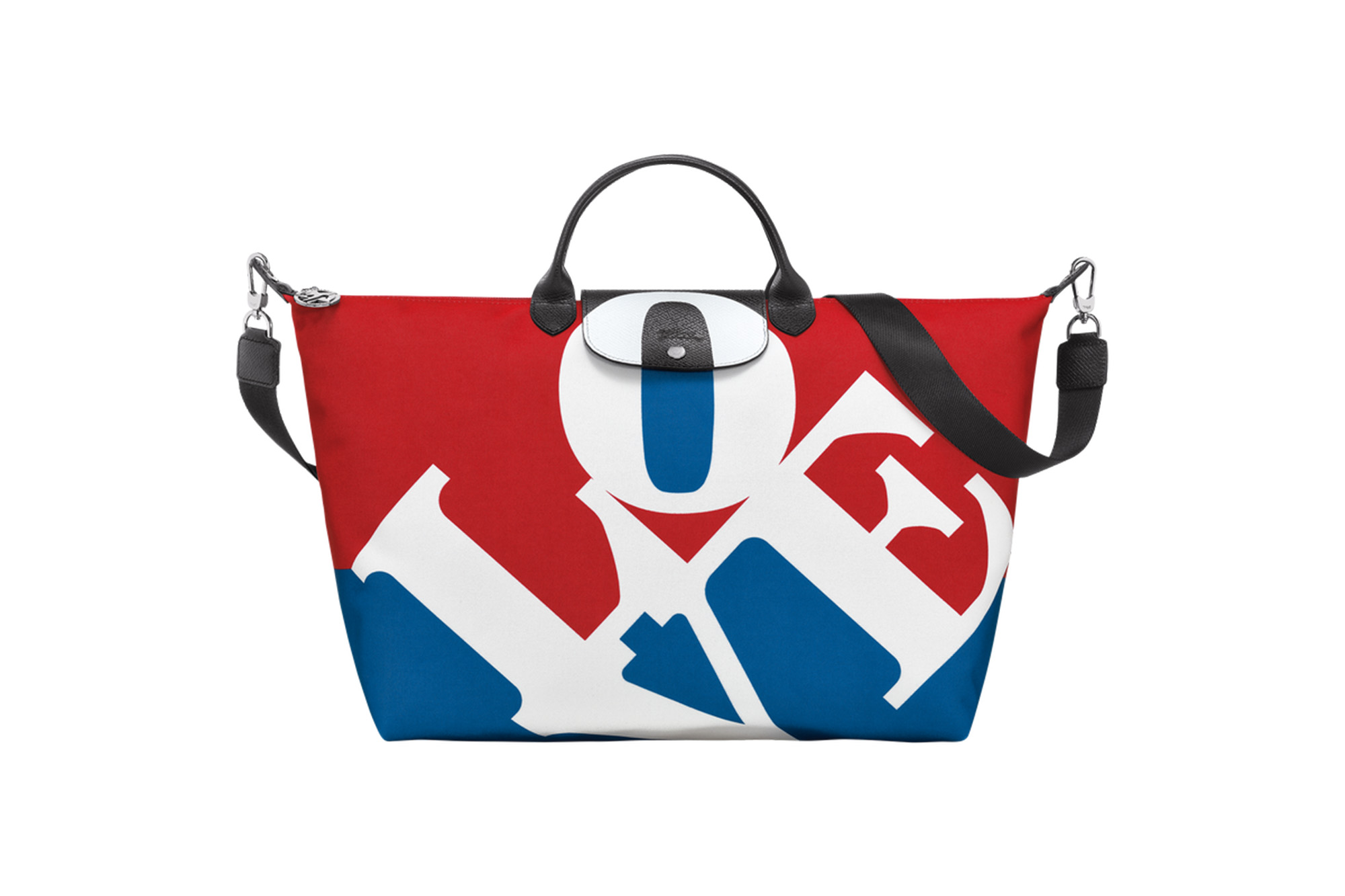 A red, white and blue Longchamp bag