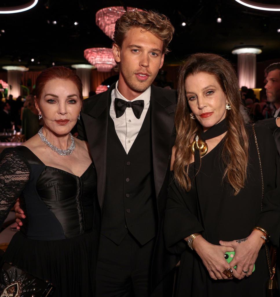 Priscilla Presley, Austin Butler and Lisa Marie Presley at the 2023 Golden Globes