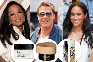 Oprah, Brad Pitt and Meghan Markle with insets of skincare and haircare products