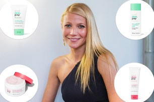 Gwyneth Paltrow with insets of skincare products