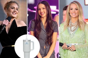 Adele, Olivia Rodrigo and Carrie Underwood with an inset of a Stanley Tumbler