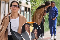 A split photo of Sandra Bullock walking and Sandra Bullock kissing her daughter and Sandra Bullock walking with Bryan Randall