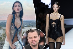 Split images of Vittoria Ceretti with an inset of Leonardo DiCaprio.