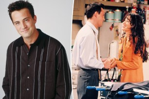 A split photo of Matthew Perry posing and Matthew Perry and Maggie Wheeler acting on "Friends"