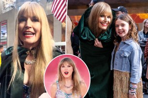 A split photo of Savannah Guthrie talking and Savannah Guthrie posing with her daughter and a small photo of Taylor Swift