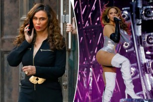 Tina Knowles on left in black and Beyoncé on stage on the right