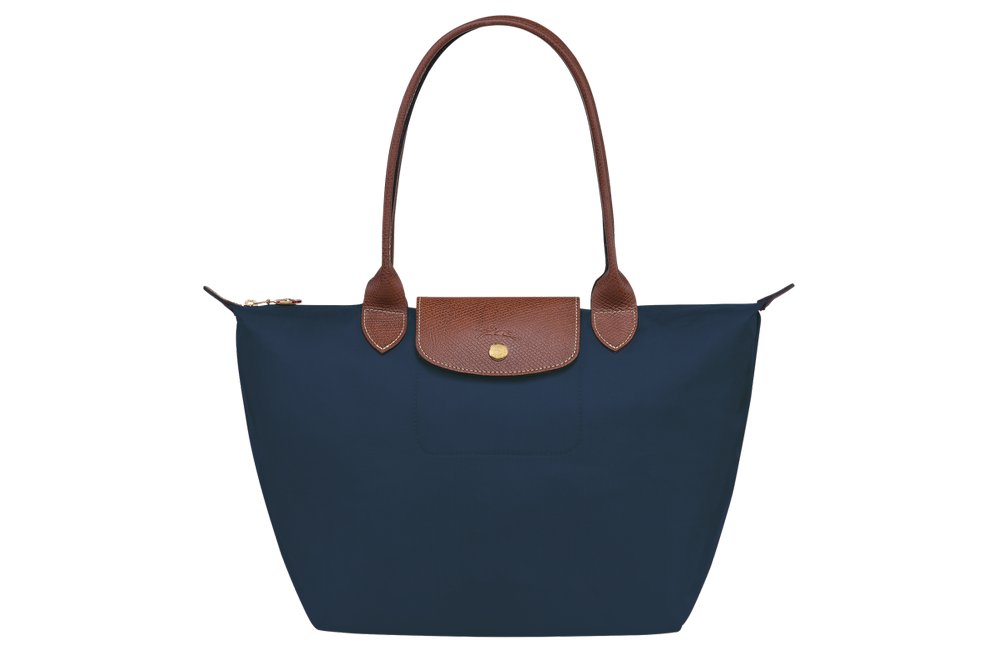 A navy and brown leather Le Pliage bag