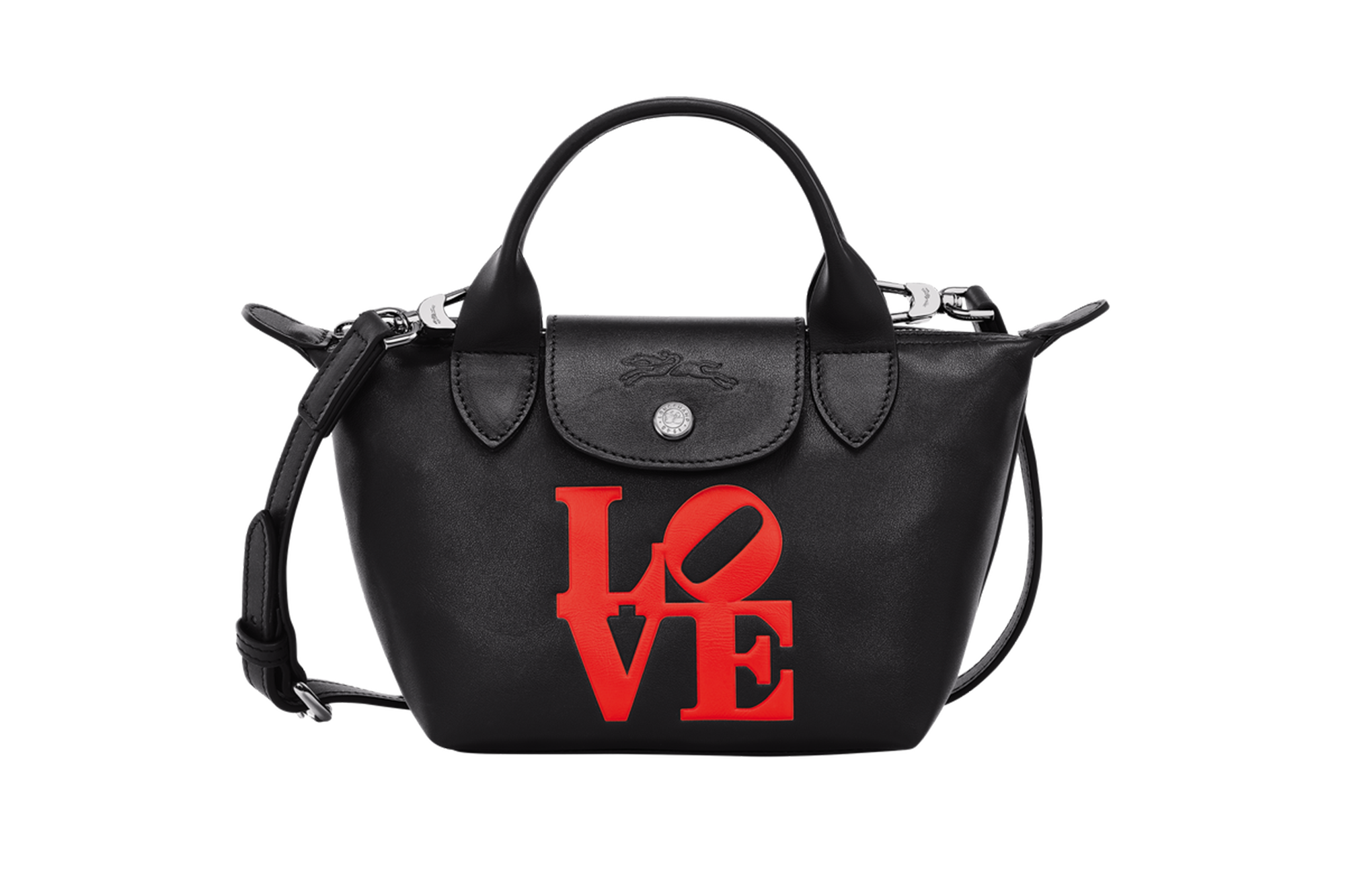A black bag that says love on it